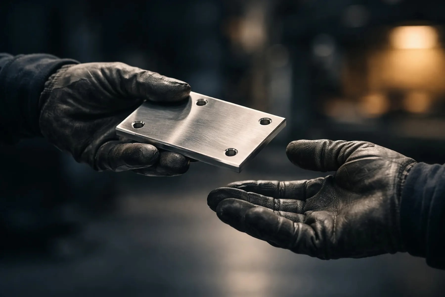 Deux mains gantées échangeant une pièce en inox usinée — de l'atelier au chantier, Marini